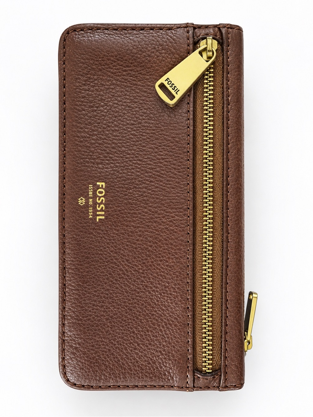 Fossil Brown Leather Zip Card Holder with Gold-Tone Hardware